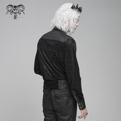 Devil Fashion Men Black Gothic Punk Retro Jacquard Faux Leather Spliced Shirt