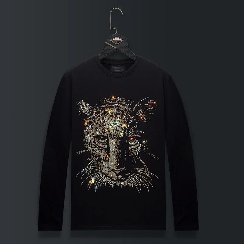 Fashion Leopard Trend Rhinestone Long Sleeve Luxury Men T-Shirt Plus Size 6XL