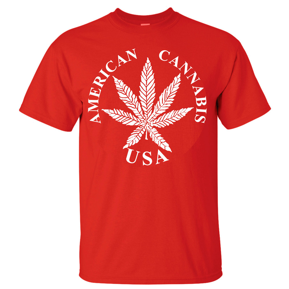 American Cannabis Marijuana Designer Graphic Adult Red T-Shirt w/white print