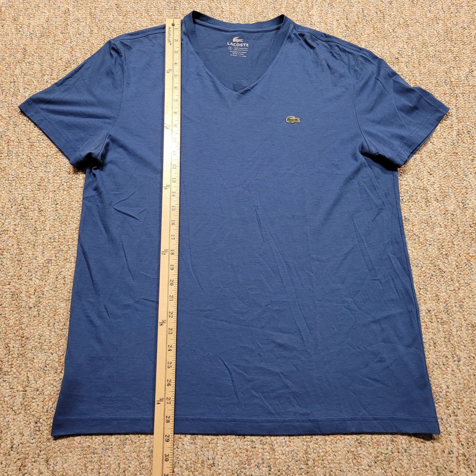 Lacoste T-Shirt Mens Size 6 Blue V-Neck Pima Cotton Short Sleeve Logo Tee gallery