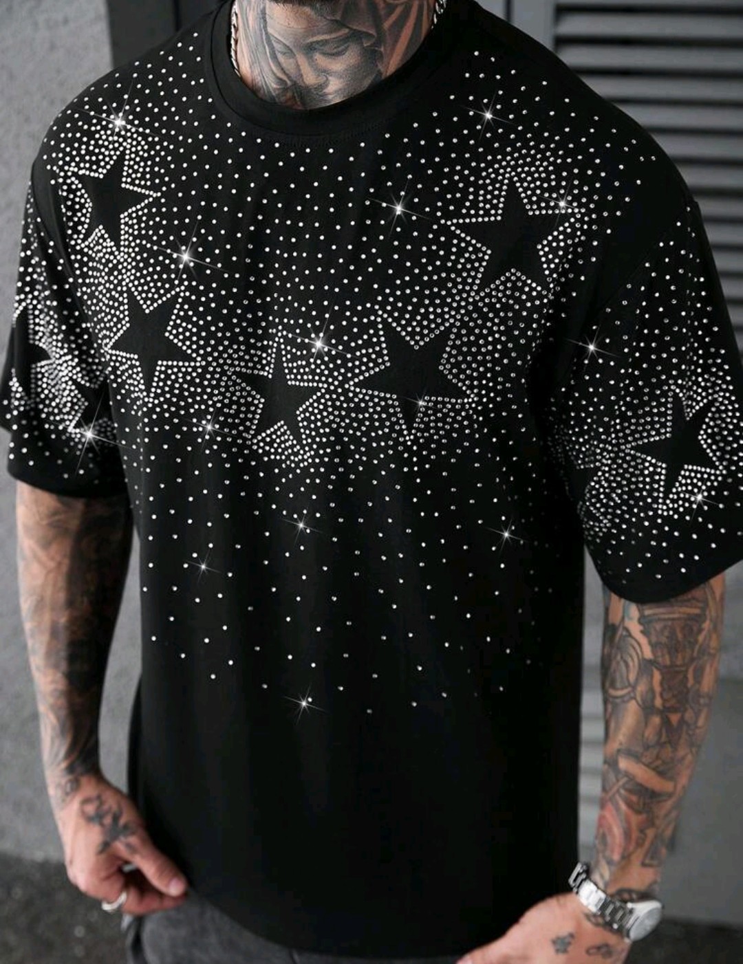 New Men Luxury Diamond Star Rhinestones Fashion Black T-Shirt High Quality gallery
