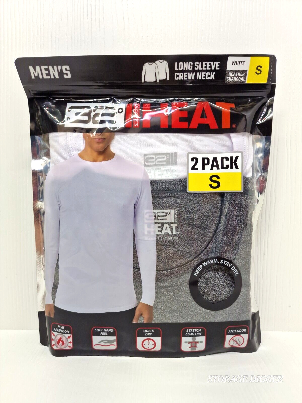 32 Degrees Heat T-Shirt Mens S White/Gray Quick Dry Long Sleeve Crew Neck 2 Pack
