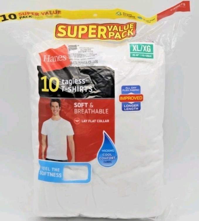 🎯Hanes Super Value Pack 10 Tagless T-Shirts White Extra Large XL 46"-48" Cotton gallery