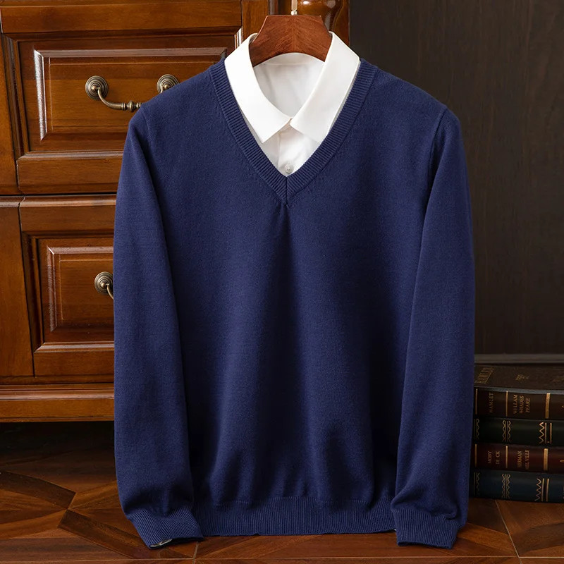 Autumn Winter Basic Merino Wool V-ne Sweater Men’s Fashionable Casual Business