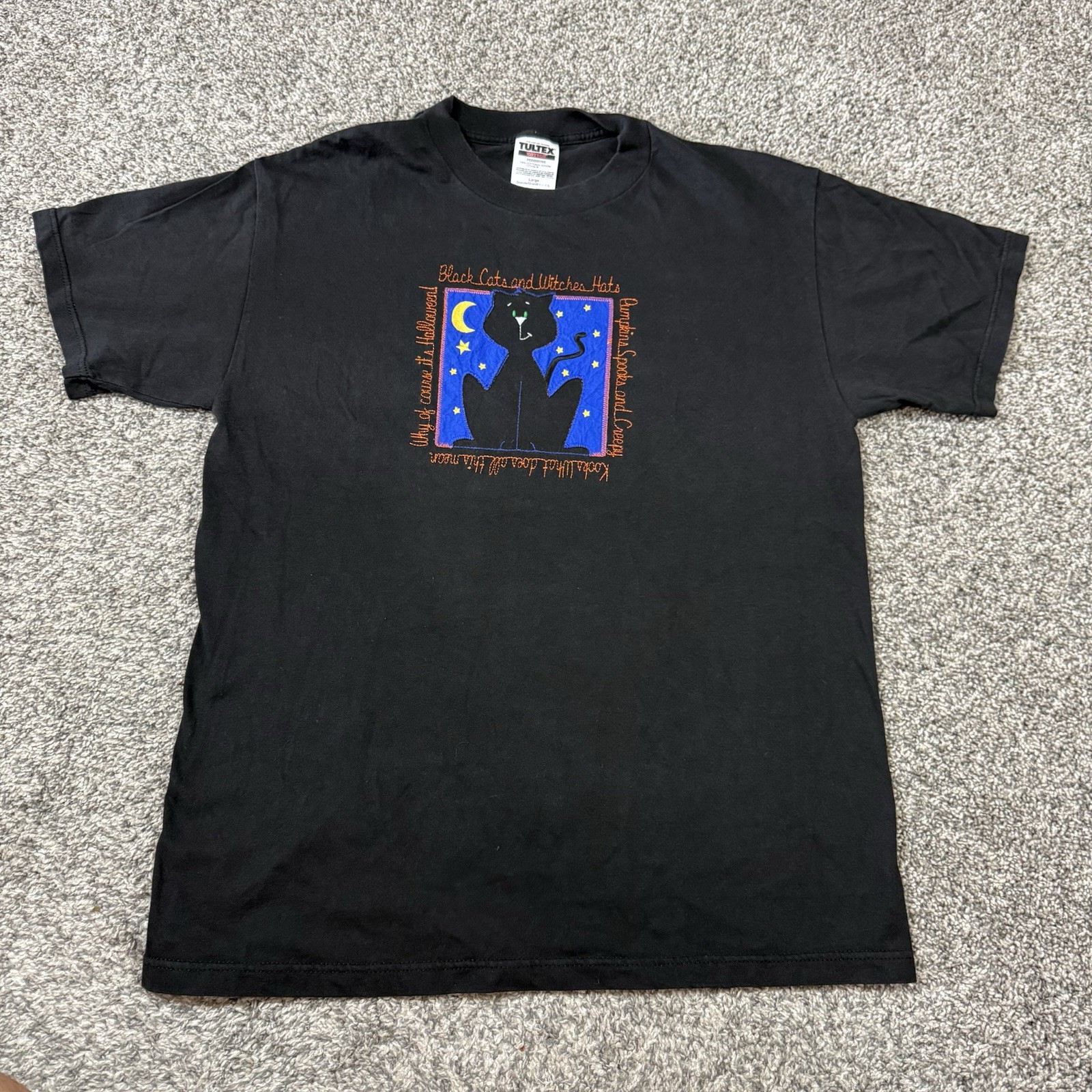 Vintage 90s Halloween Black Cat Witch Shirt Witches Cats Tultex Size L gallery