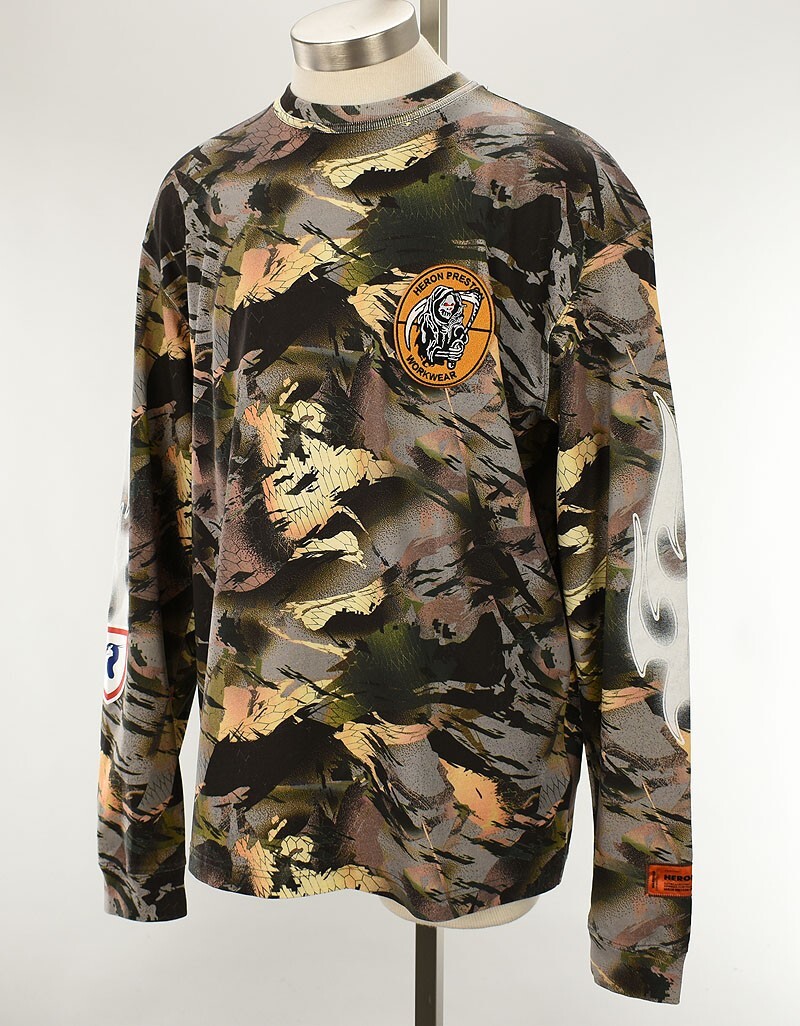 HERON PRESTON Green Camo Flame Sleeve Cotton Crew Neck Tee Shirt LARGE NWT