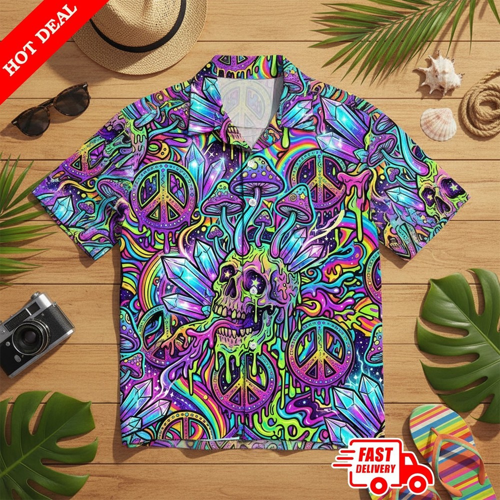3D Printed Mushroom Psychedelic Trippy Skull Hawaiian Shirt