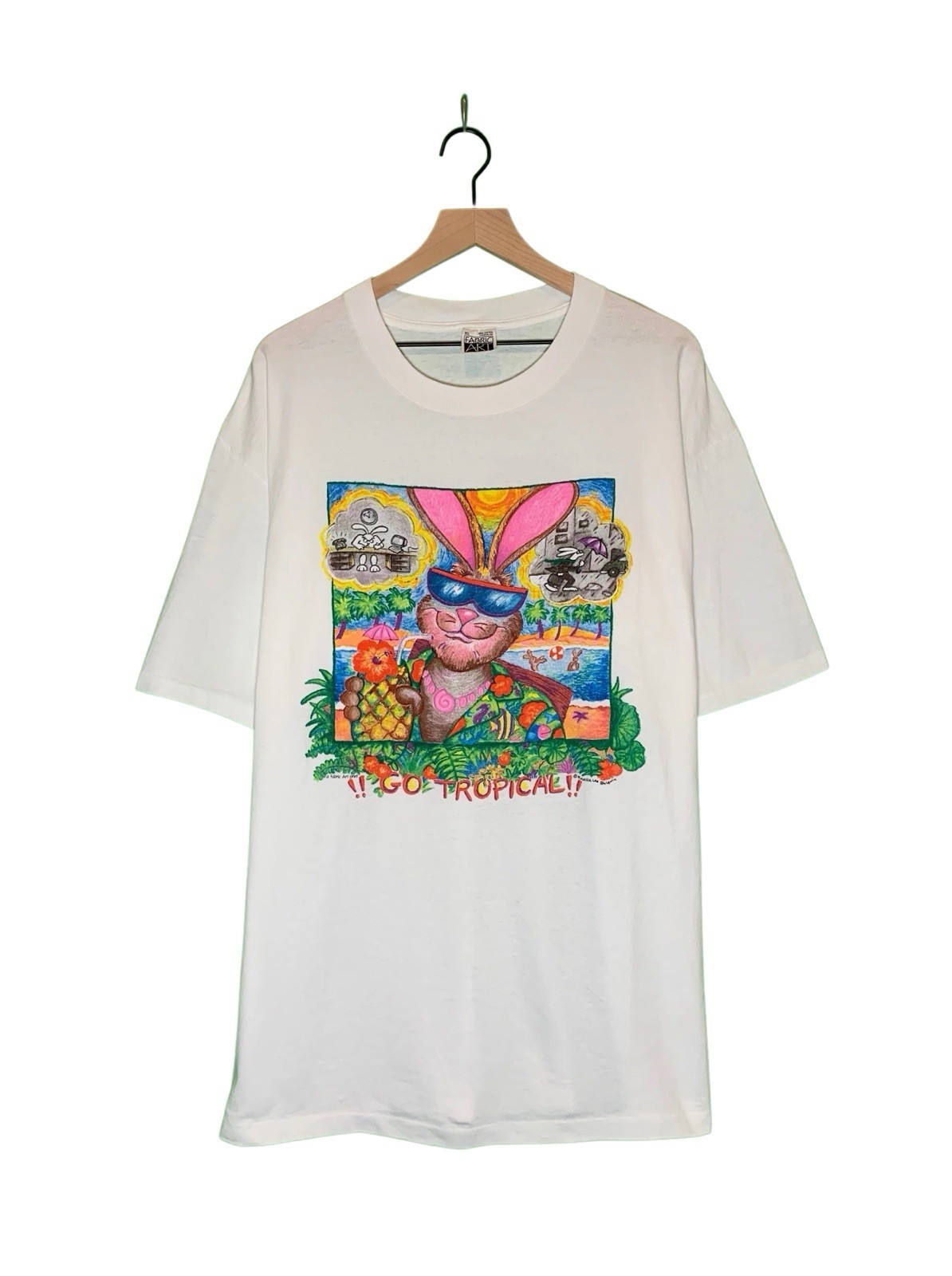 Vtg Fabric Art White Single Stitch Tropical Energizer Bunny Rebecca Lee Baldwin