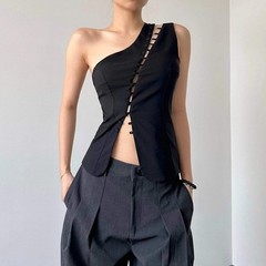 Cryptographic Elegant Asymmetrical Top with Hook and Eye Fashion Sexy Cut Out Ba