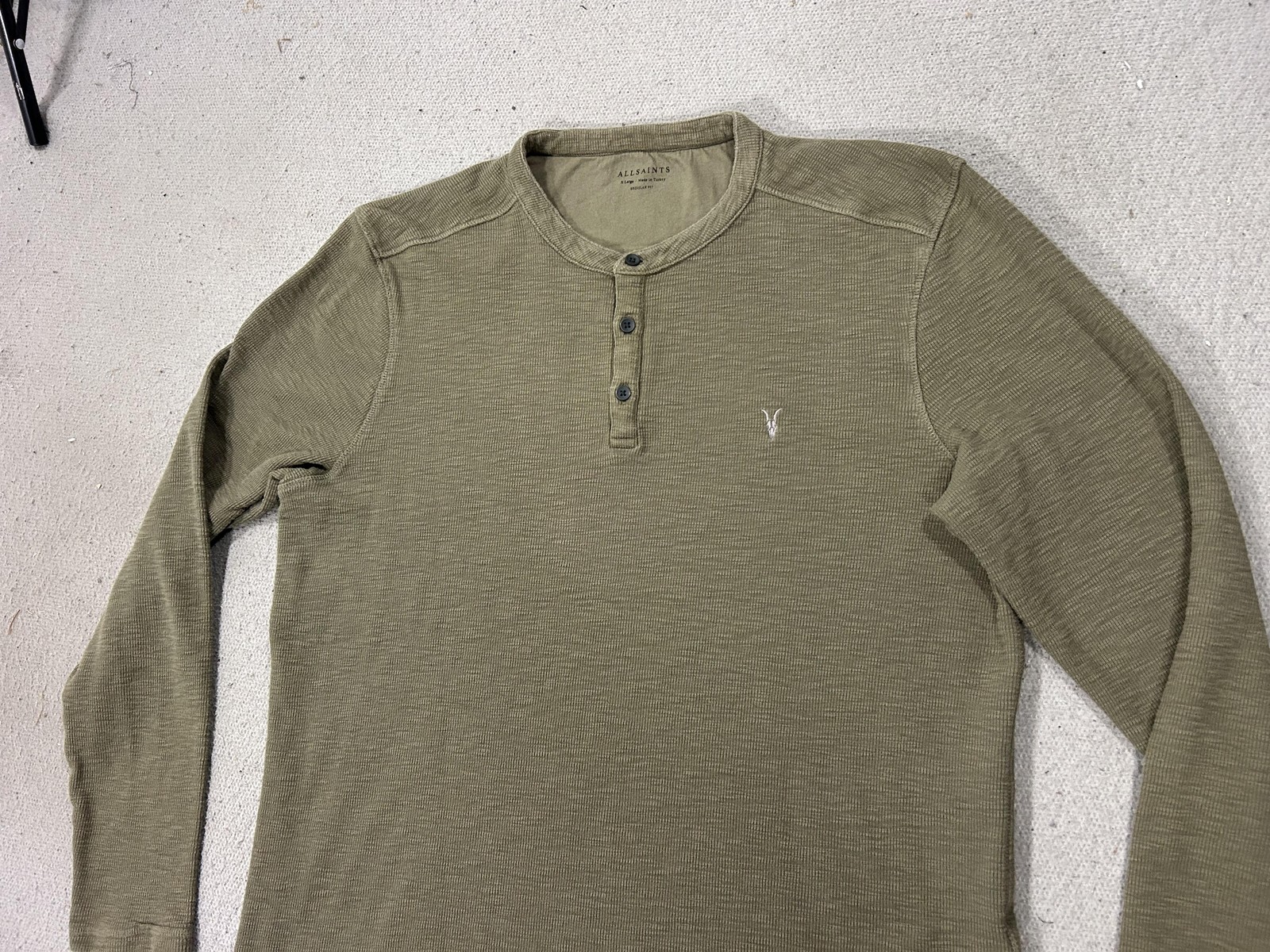 AllSaints Henley Shirt Mens XL Green Waffle Knit Long Sleeve Regular Fit gallery