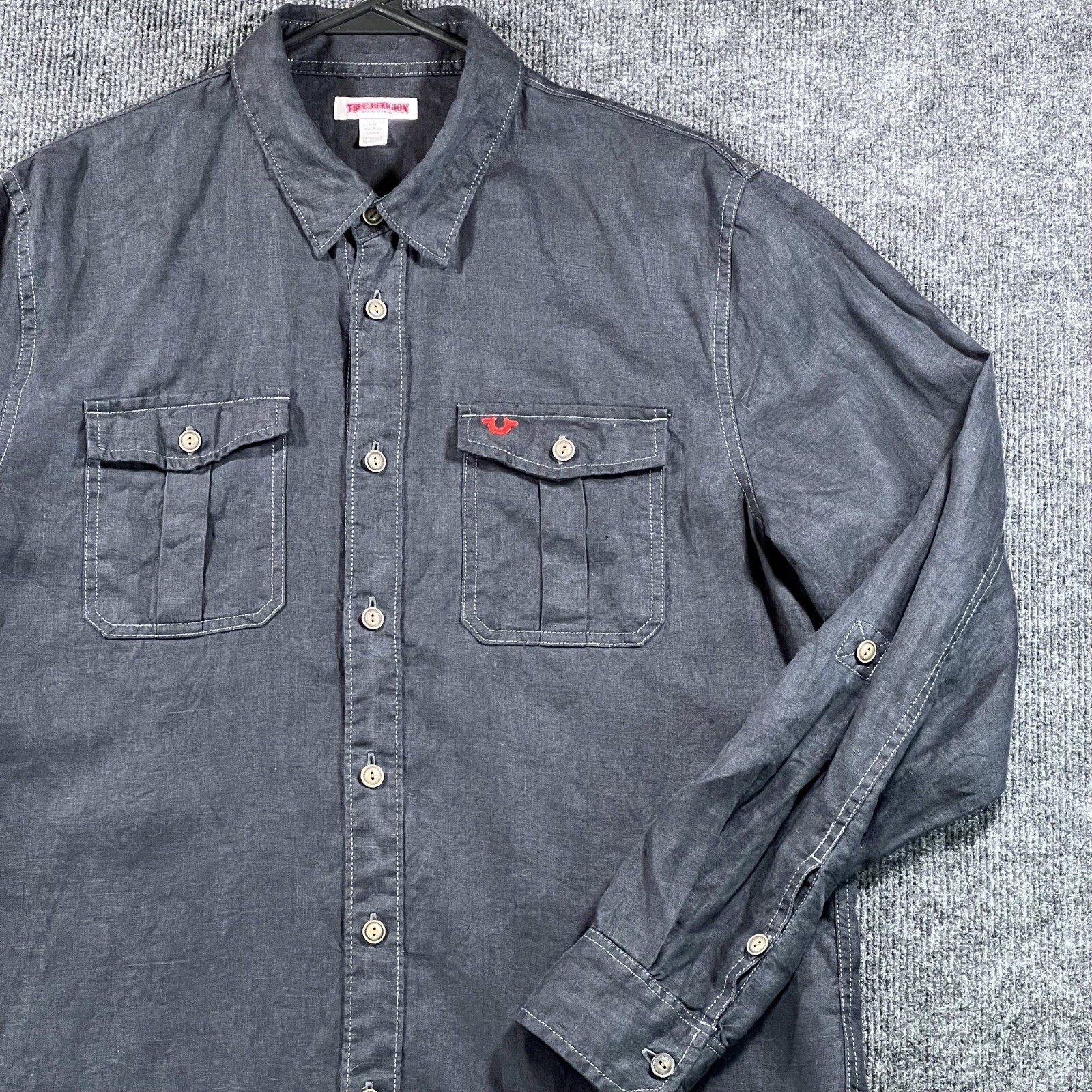 True Religion Men’s Long Sleeve Utility Shirt Size M Black Red Logo gallery