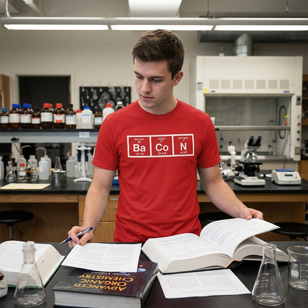 Mens The Chemistry Of Bacon T Shirt Funny Nerdy Graphic Periodic Table Science gallery