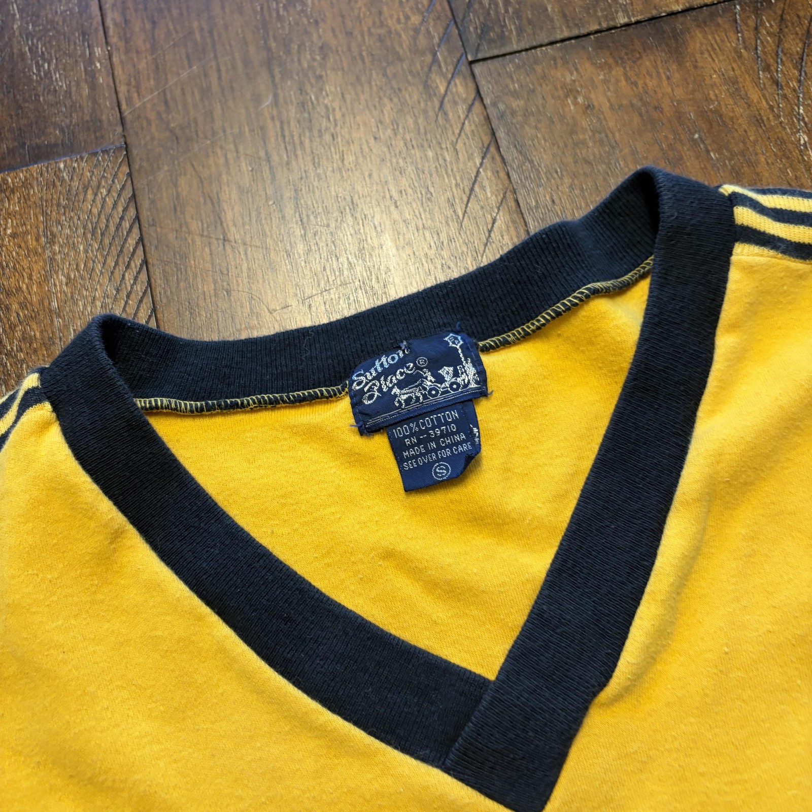 Sutton Place Shirt Mens Small Yellow Ringer Retro V Neck Stripe Trim Tee 70s gallery