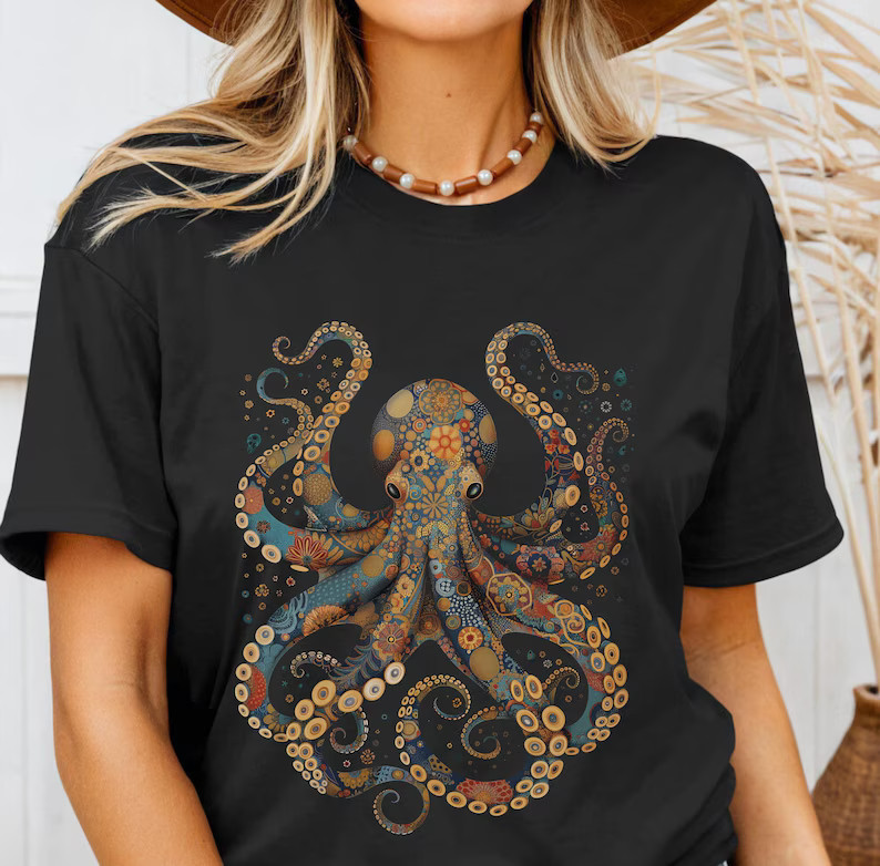 Octopus Comfort Tee Vintage Flower Pattern Shirt Soft