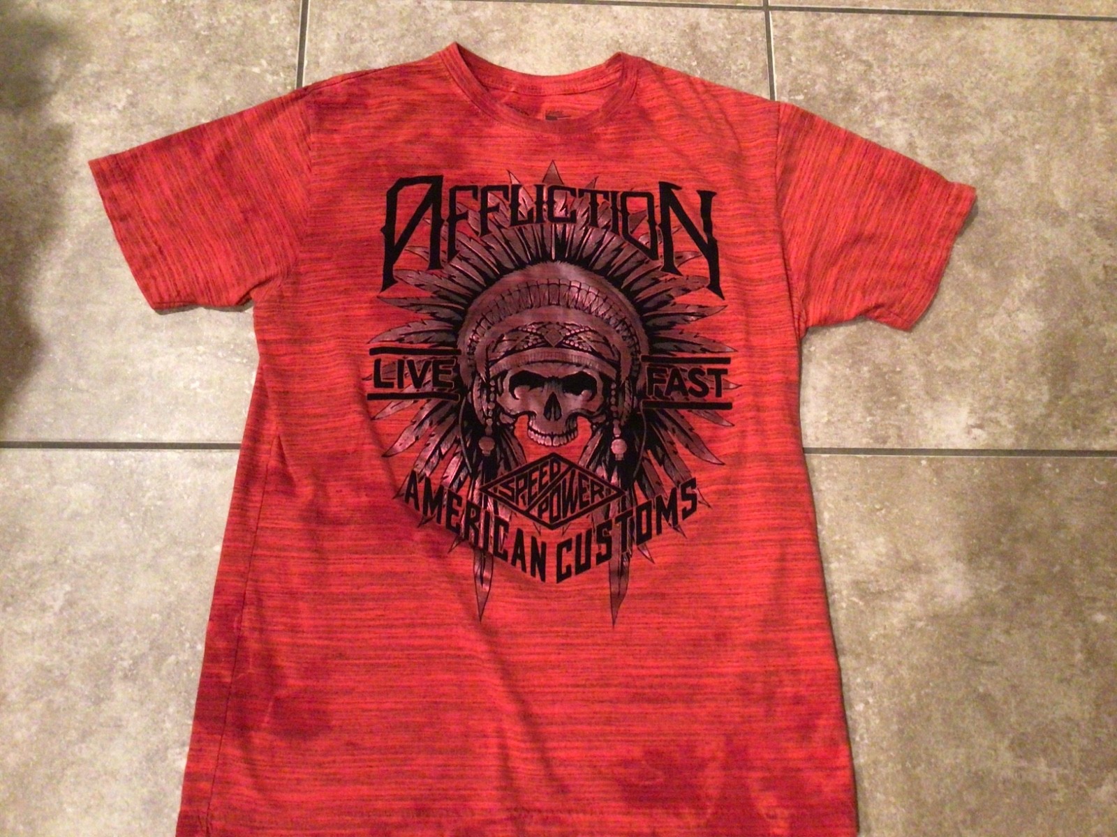 VTG Affliction Live Fast T Shirt Felt Graphic All Over Distressed L Made In USA gallery