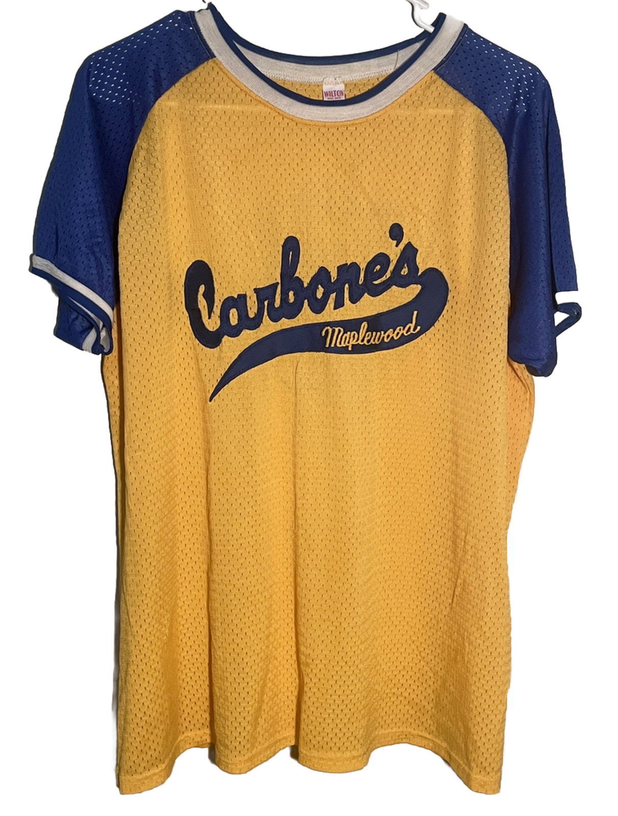 Vintage Carbone’s Pizza MN L Blue Yellow Softball Baseball Team Jersey #5 2Tone