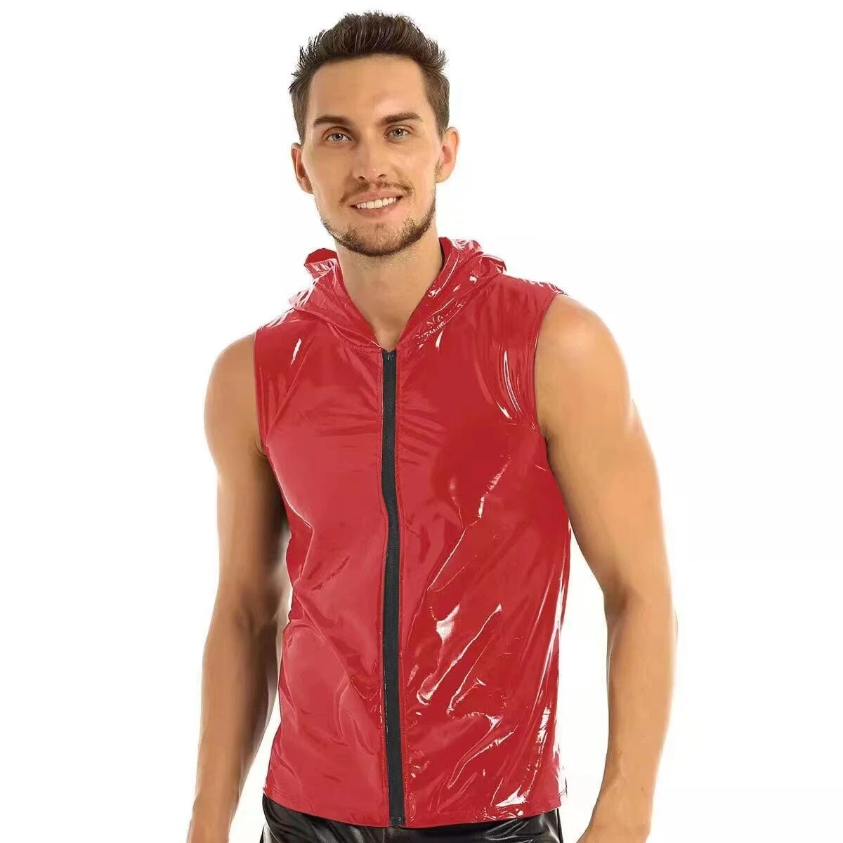 Men's Shiny Clubwear PVC Leather Wet Look Zipper Tank Tops Hooded T-Shirts Vest gallery