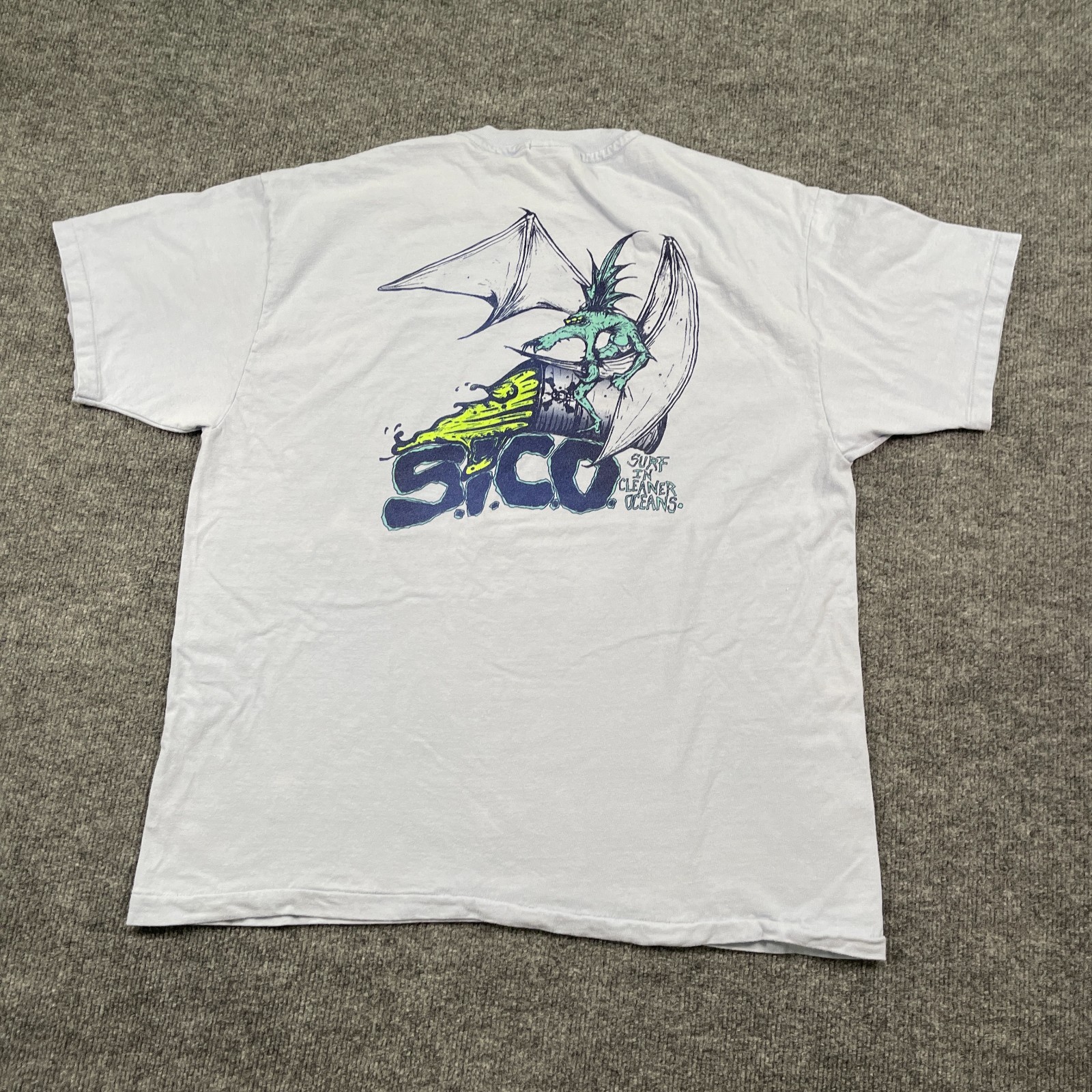 Vintage 90s SICO Toxic Sea Monster Surf Surfer Shirt XL 23×27 Blue