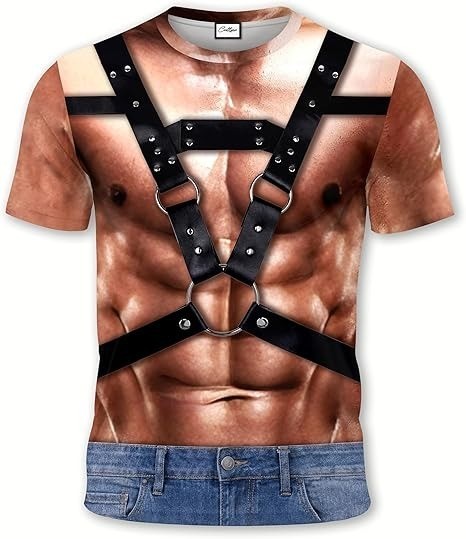 Funny 3D Leather Harness T Shirt Men Fake Six Pack Abs Muscle Body Rave Gag Gift gallery
