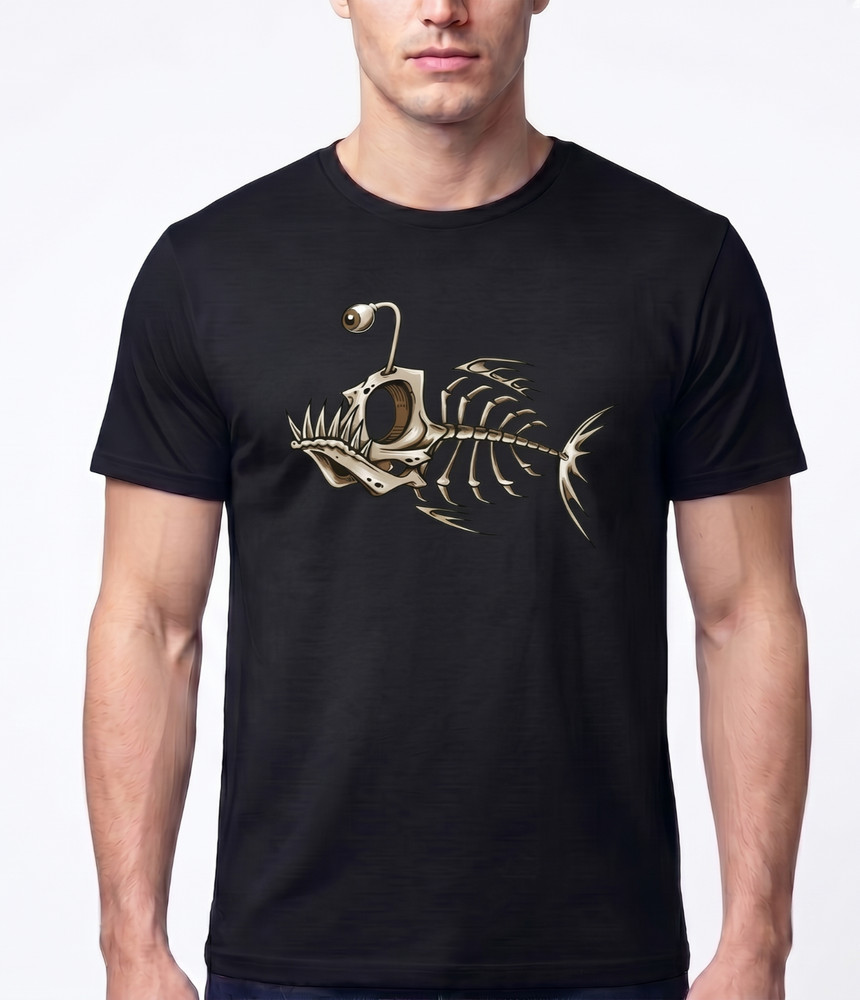 Skeleton Fish T Shirt Men Anglerfish Graphic Tee Deep Sea Fishing Apparel Black