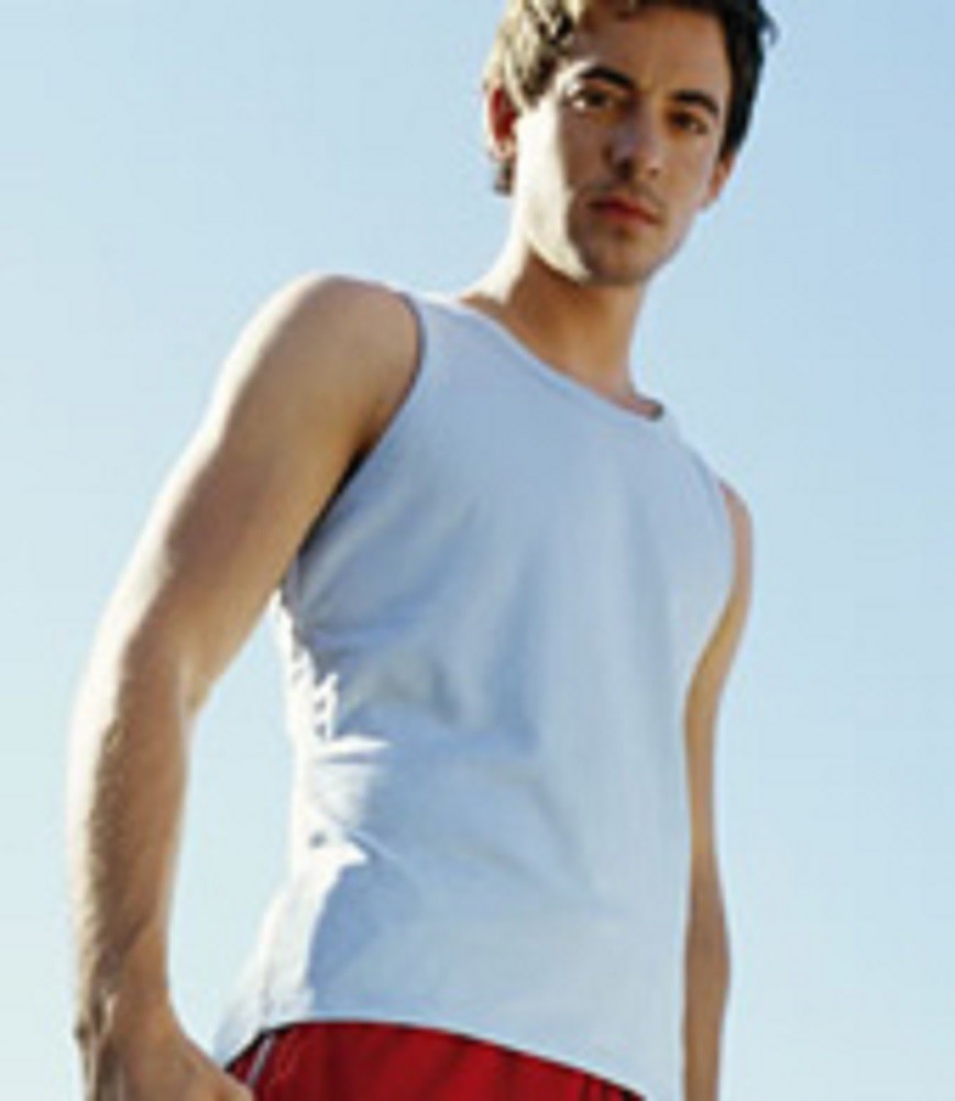 Jerzees Plain WHITE Cotton Sports Muscle Back Vest Tank Top with GREY/BLUE trim gallery