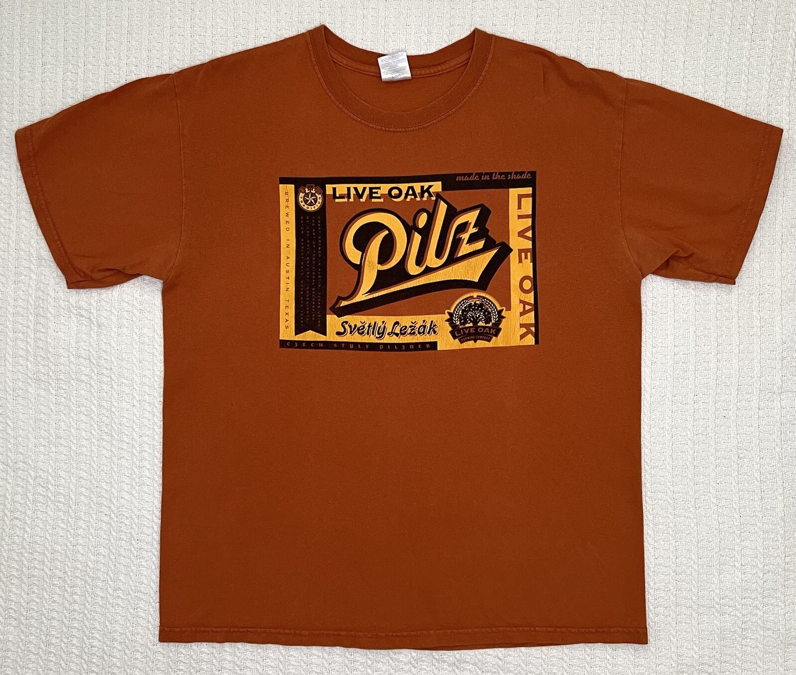 Live Oak Pilz Brewing Company Orange Shirt LG 21.5” X 27”