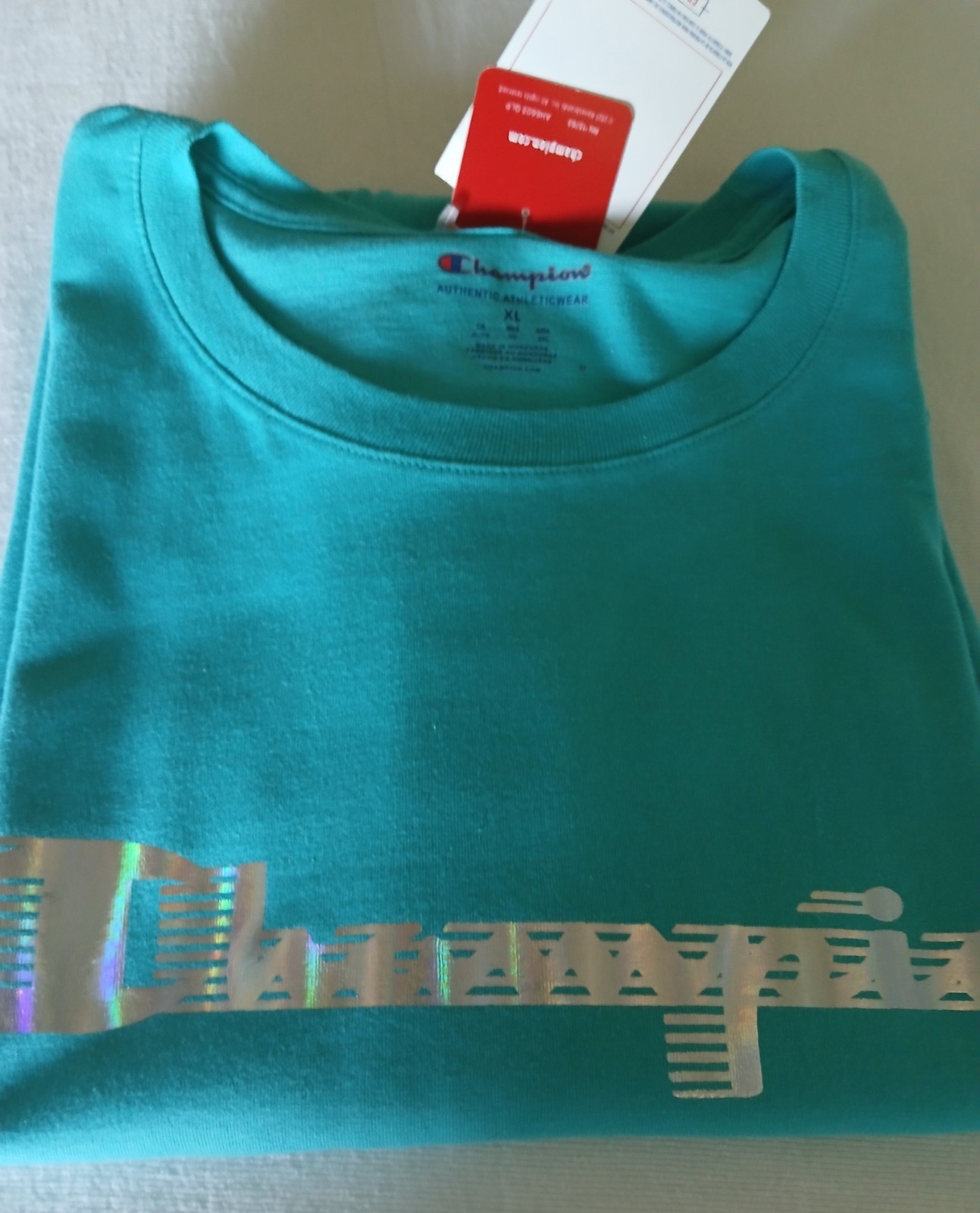 Brand New with Tags (NWT), Champion script tee, holographic, metallic, turquoise gallery