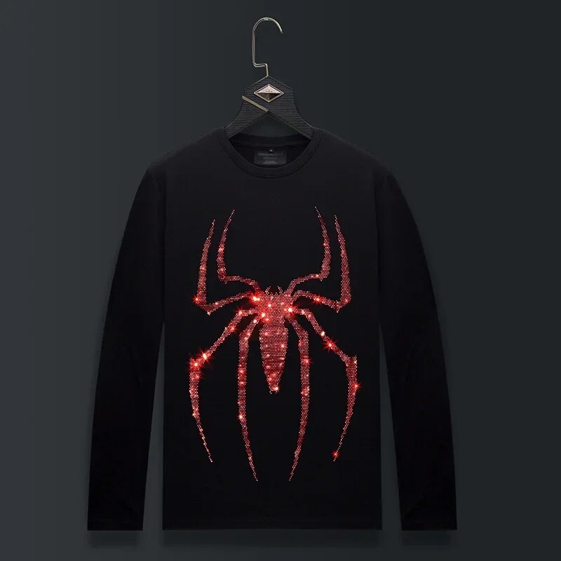 Fashion Red Spider Trend Rhinestone Long Sleeve Luxury Men T-Shirt Plus Size 6XL