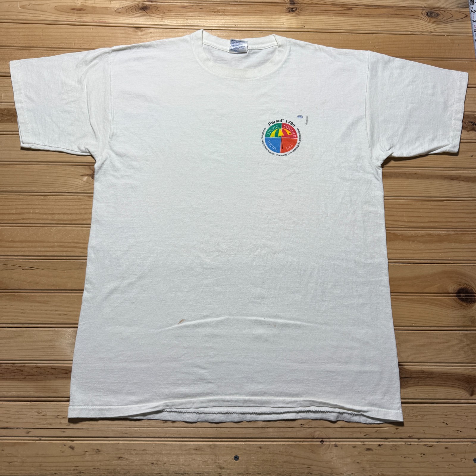 Vintage 90s Parsol 1789 Roche Vitamins Sunscreen Skincare Graphic Promo Shirt XL gallery