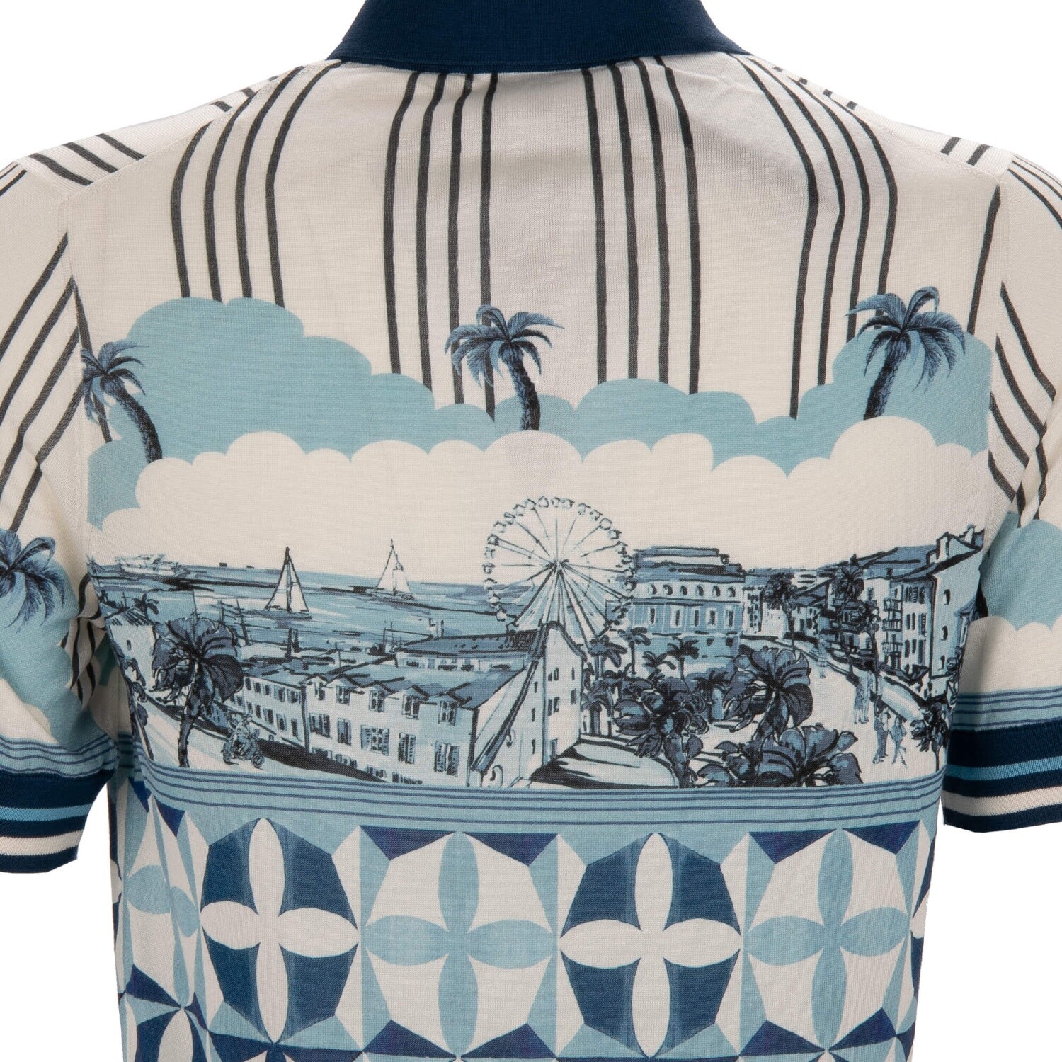 DOLCE & GABBANA Gio Ponti Design Palm Silk Polo Shirt T-Shirt Blue White gallery