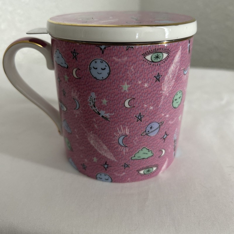 T2 Iconic Sleep Tight Mug with Stainless Steel Infuser Gold Trim Moon Stars Eyes