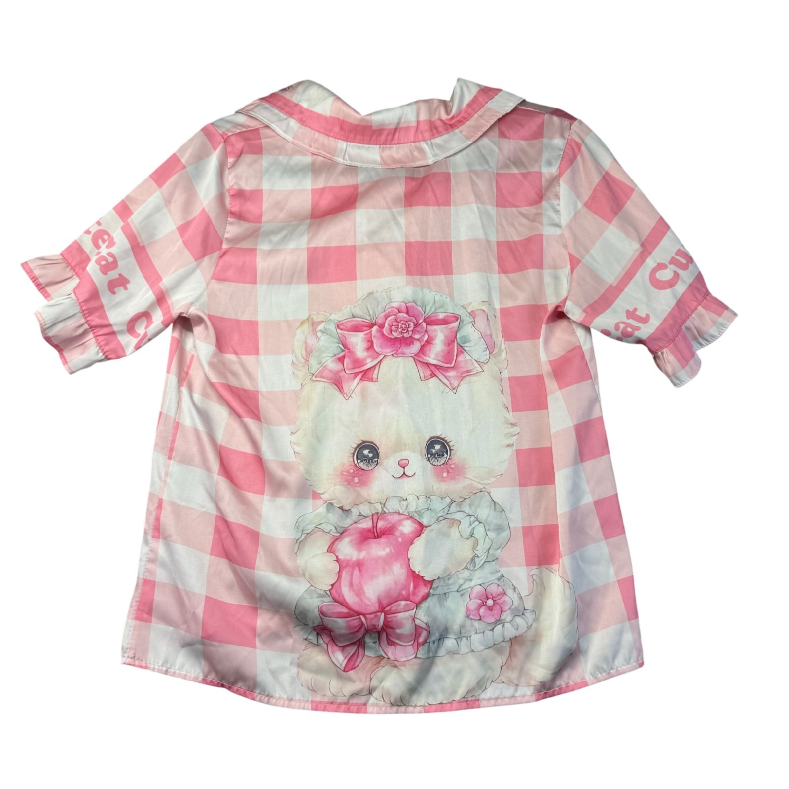 Cute Cat Shirt Women's Large Pink White Plaid Short Sleeve Queen Cartoon Blouse gallery