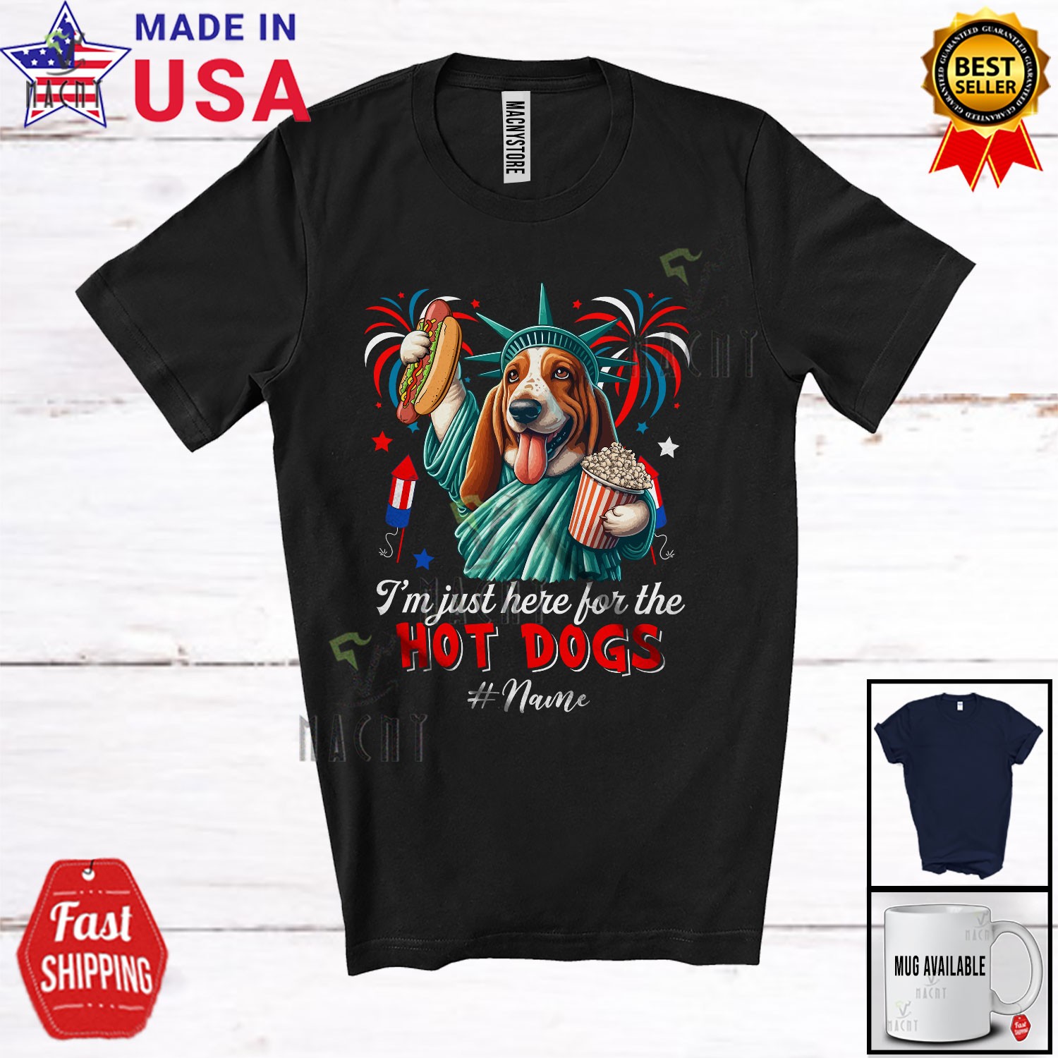 Custom Name Just Here For Hot Dogs; Proud Basset Hound Liberty Patriotic T-Shirt gallery