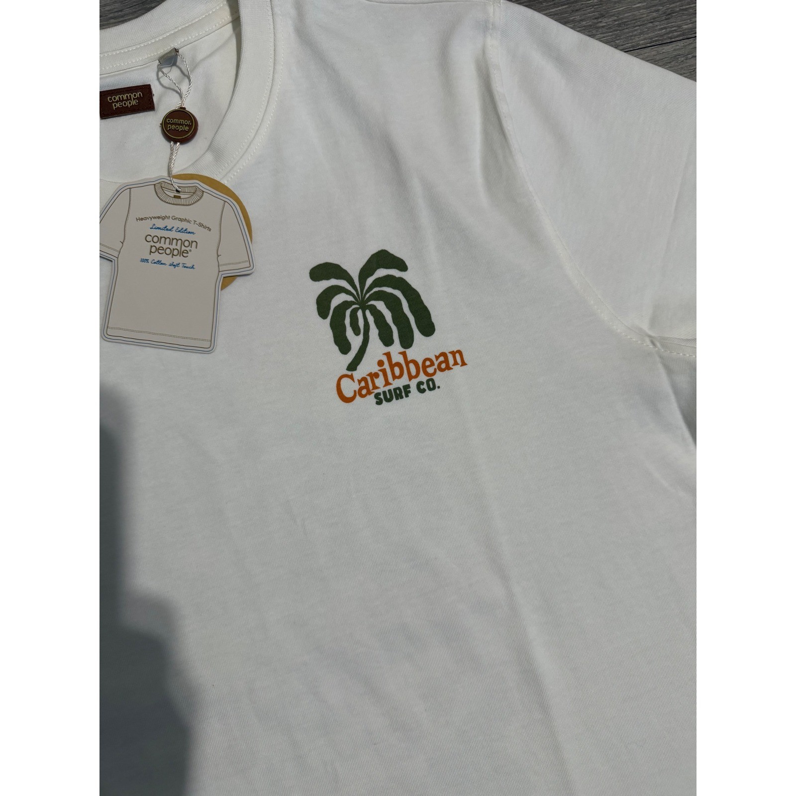 Common People Mens Size L Palms Print Tee Ecru Caribbean Surf Co Graphic Beach gallery