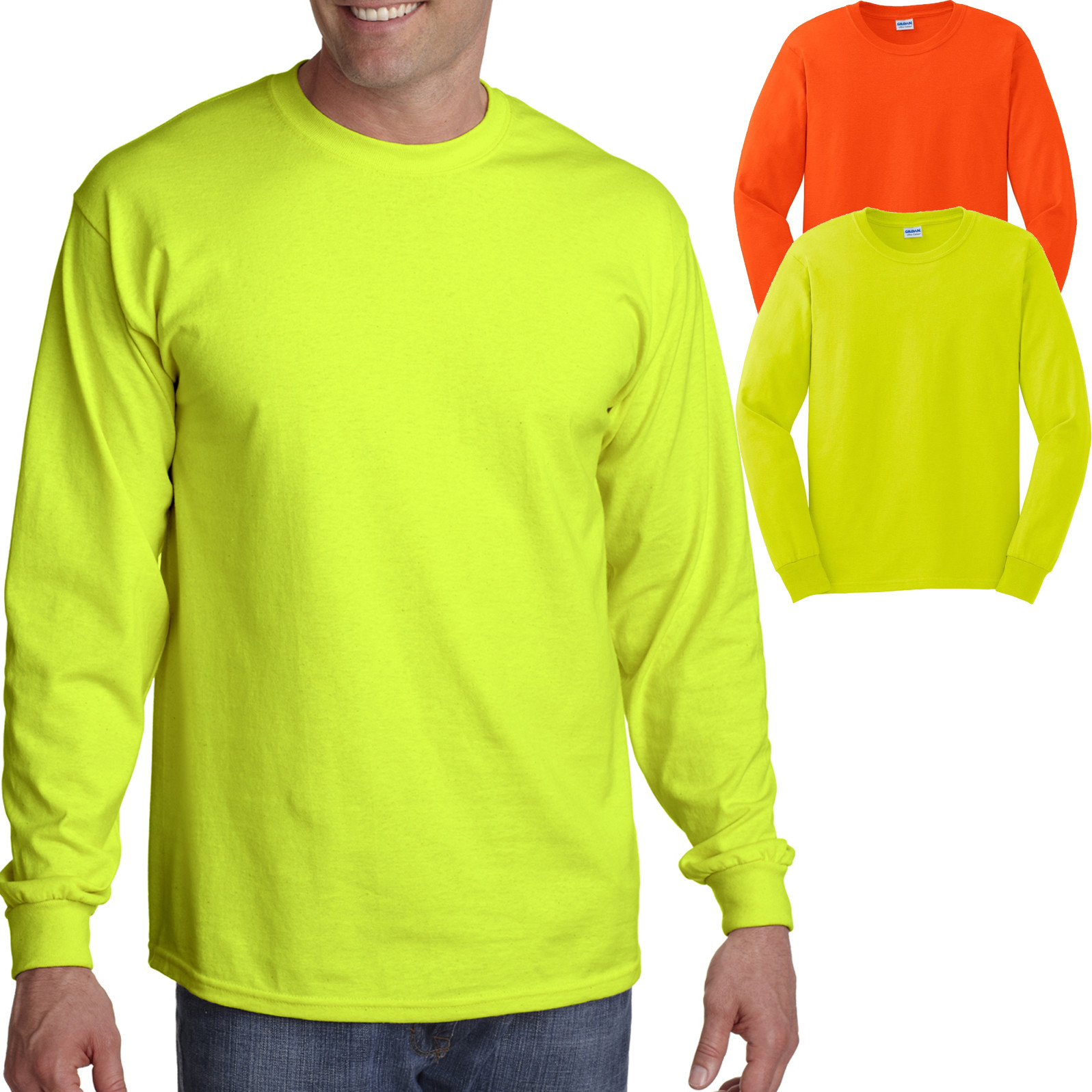 Mens Long Sleeve T-Shirt Gildan Safety Green Orange ANSI High Vis Sizes S-5XL gallery