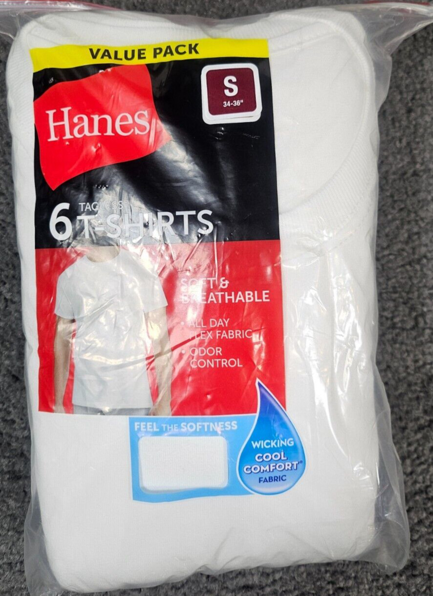 Men's Short Sleeve T-Shirt S 34-36 Hanes Crew Neck 6 Pack White Cotton Wicking gallery