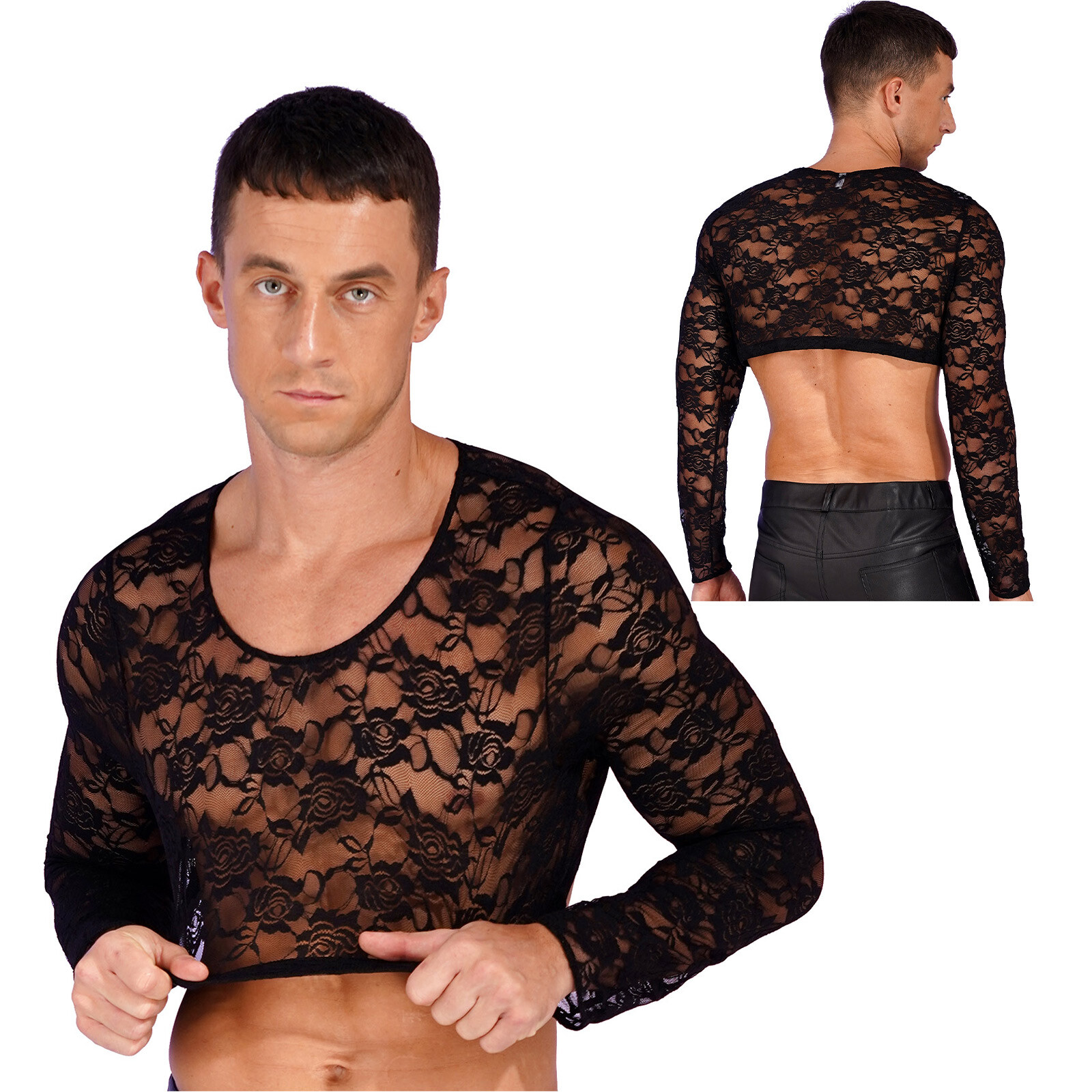 US Sissy Mens See Through Sheer Lingerie Lace Babydoll Crop Top T Shirt Clubwear