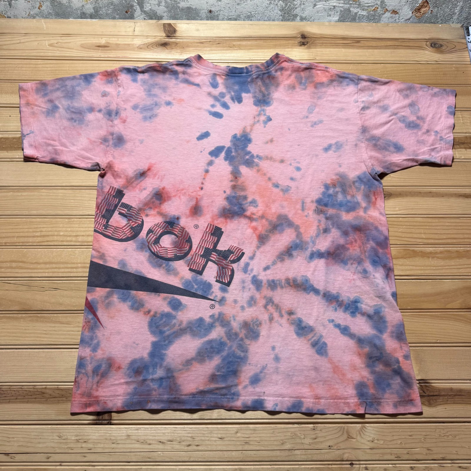 Vintage 90s Reebok American Flag Vector Logo Stars and Stripes Tie Dye Shirt XL gallery