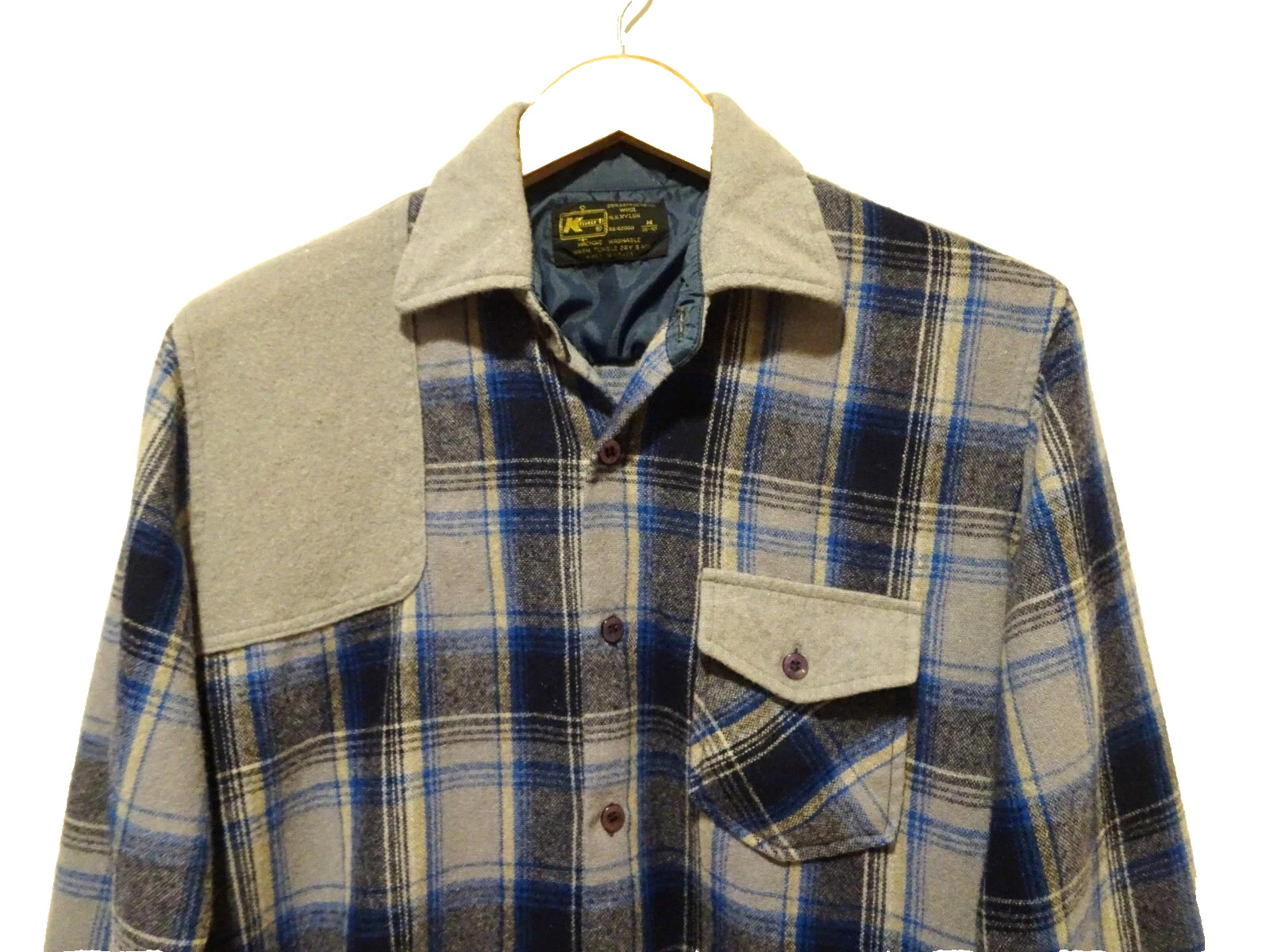 M Vtg 70s Kmart Blue Gray Black Shadow Plaid Wool Nylon Flannel Men's Shirt M gallery