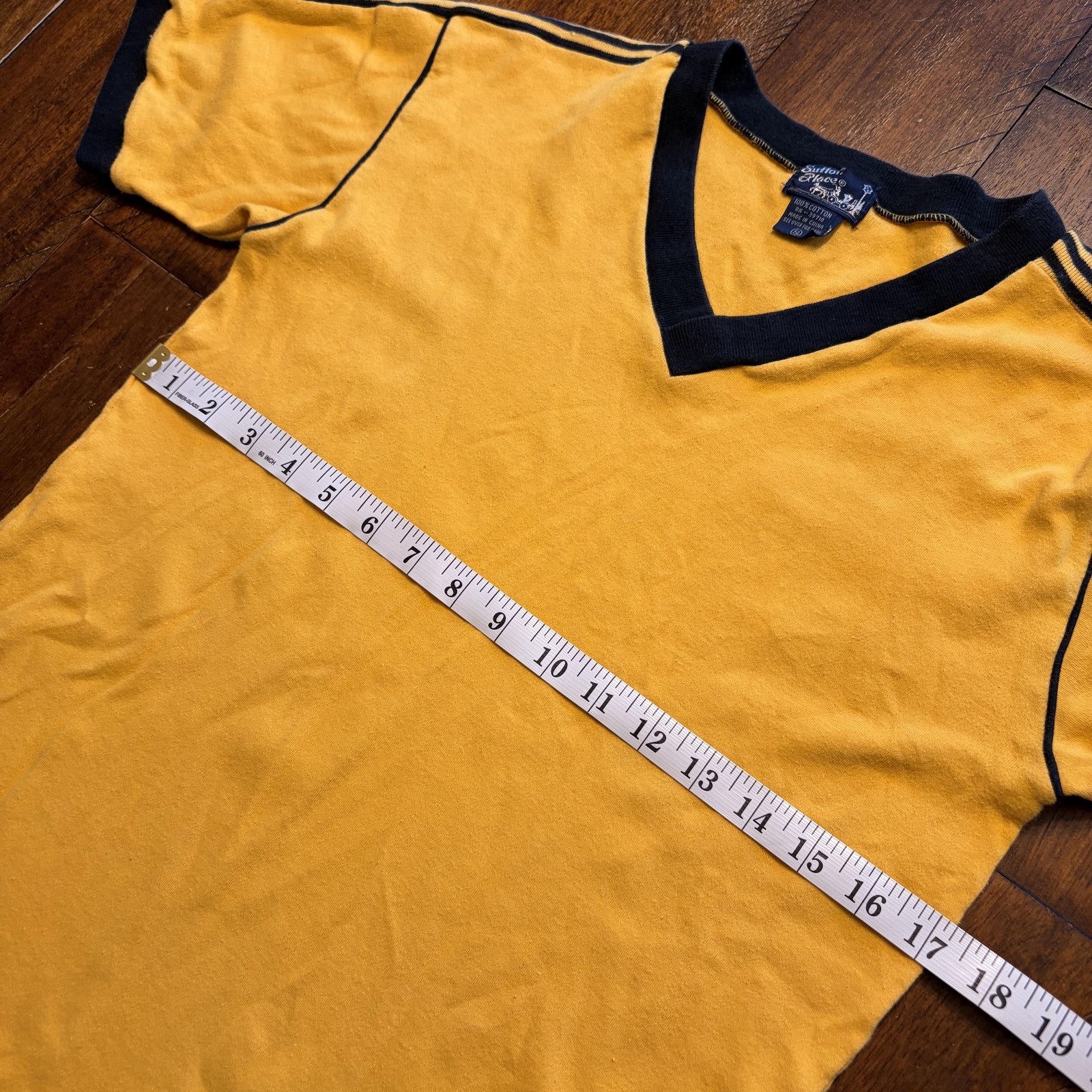 Sutton Place Shirt Mens Small Yellow Ringer Retro V Neck Stripe Trim Tee 70s gallery