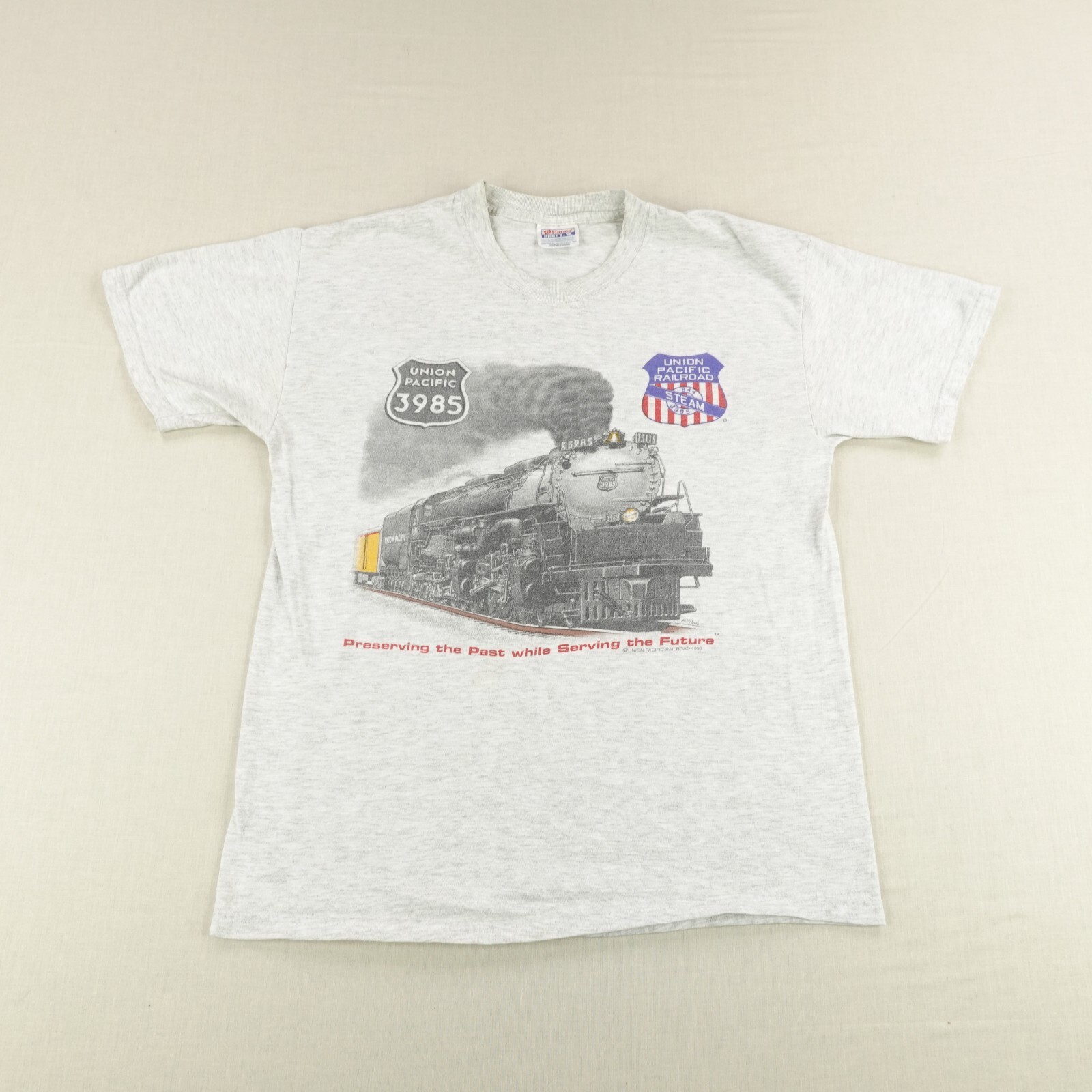 Vintage Train Shirt Medium Gray Union Pacific Railroad Steam Engine 90s 1999 ^ gallery