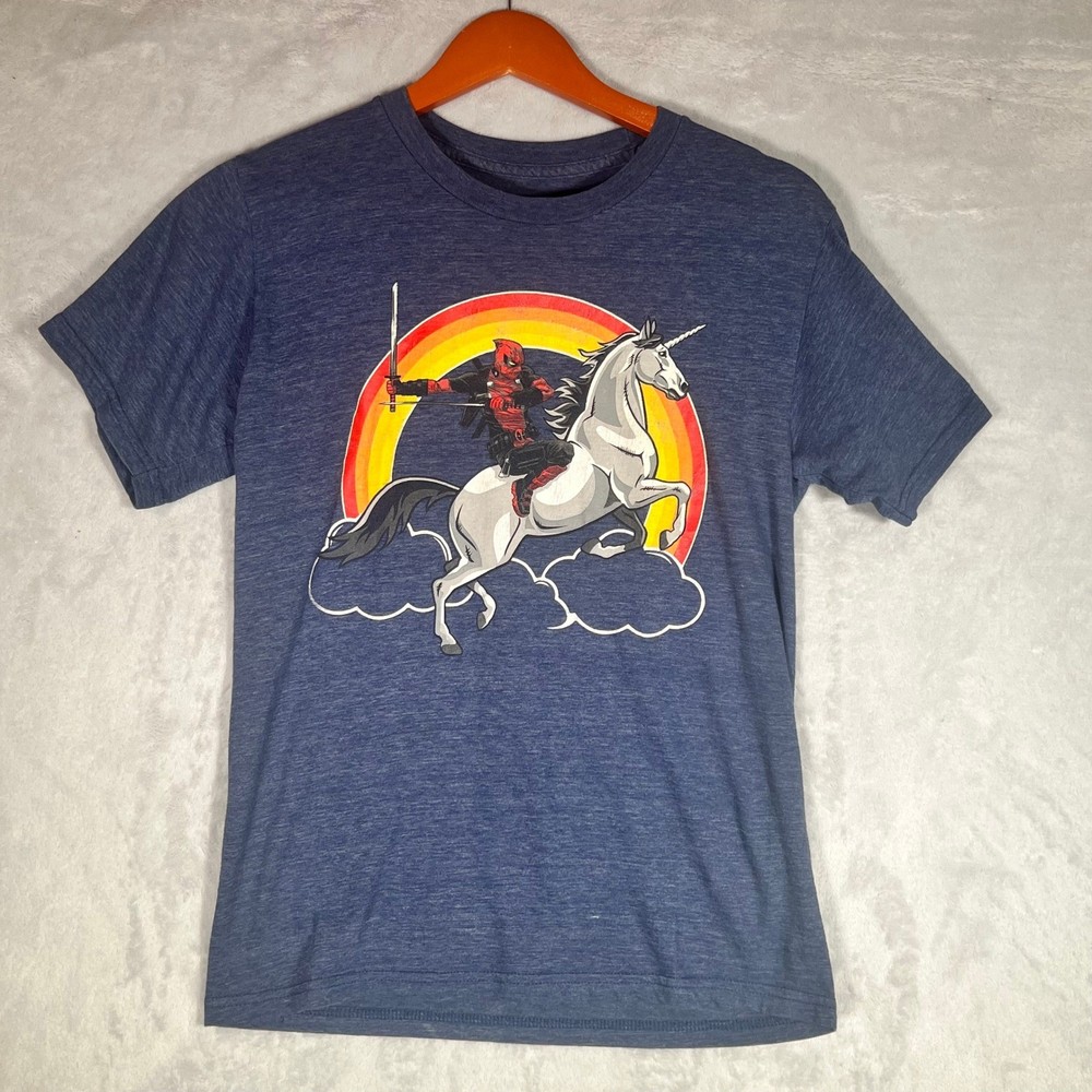 Marvel T-Shirt Mens Small Deadpool Riding Unicorn Rainbow Blue Heather Graphic
