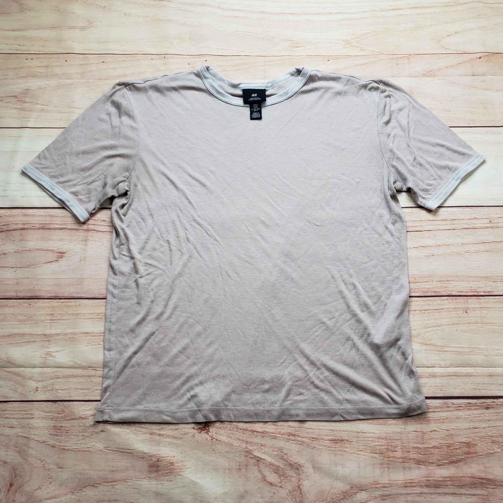H&M Ringer Tee Men Medium Tan Short Sleeve Silk Wool Blend Regular Fit 1260005 1