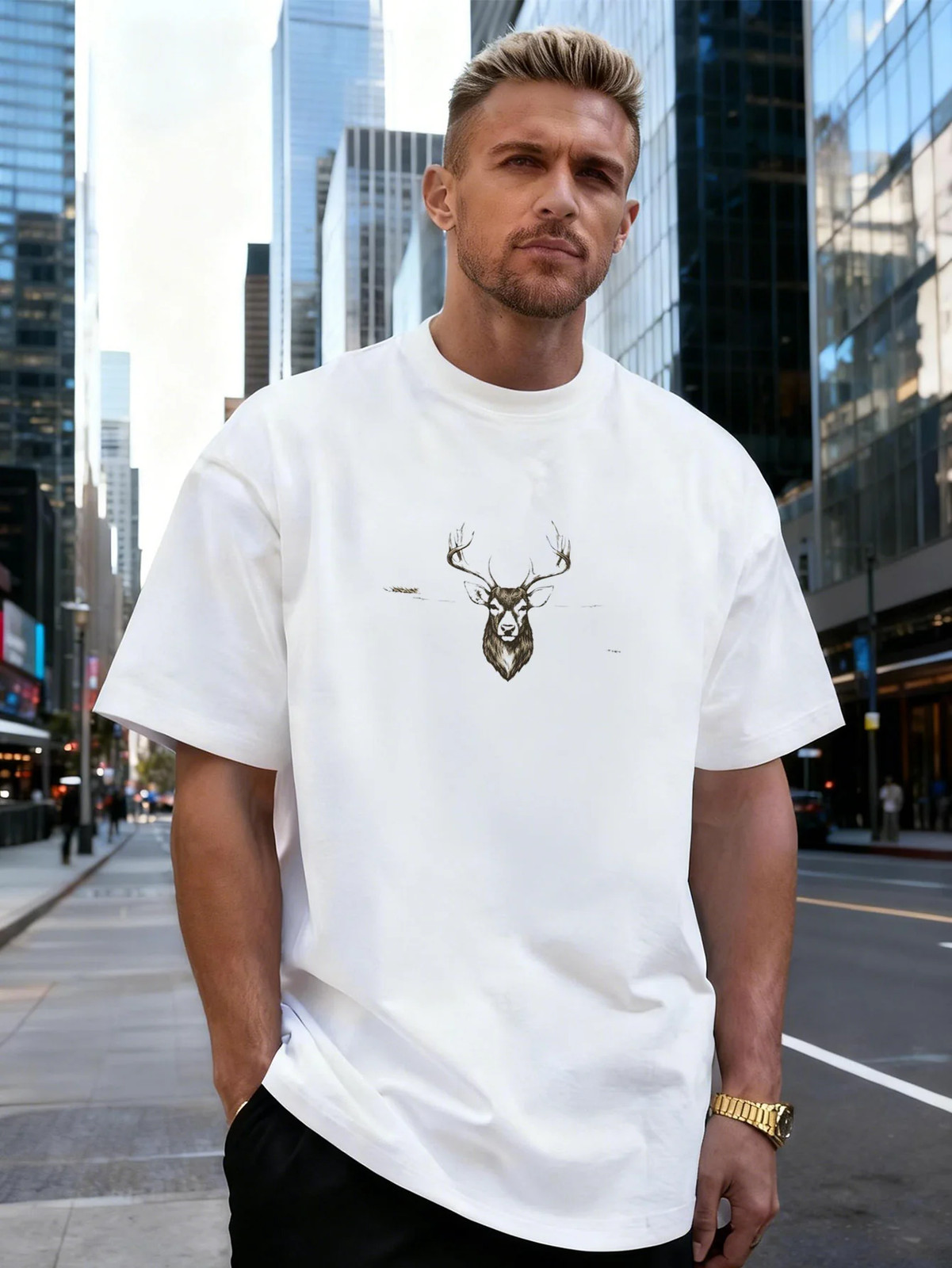 Deer Head Graphic 100% Cotton Men's T-Shirt, Suitable for Daily Casual Wear gallery