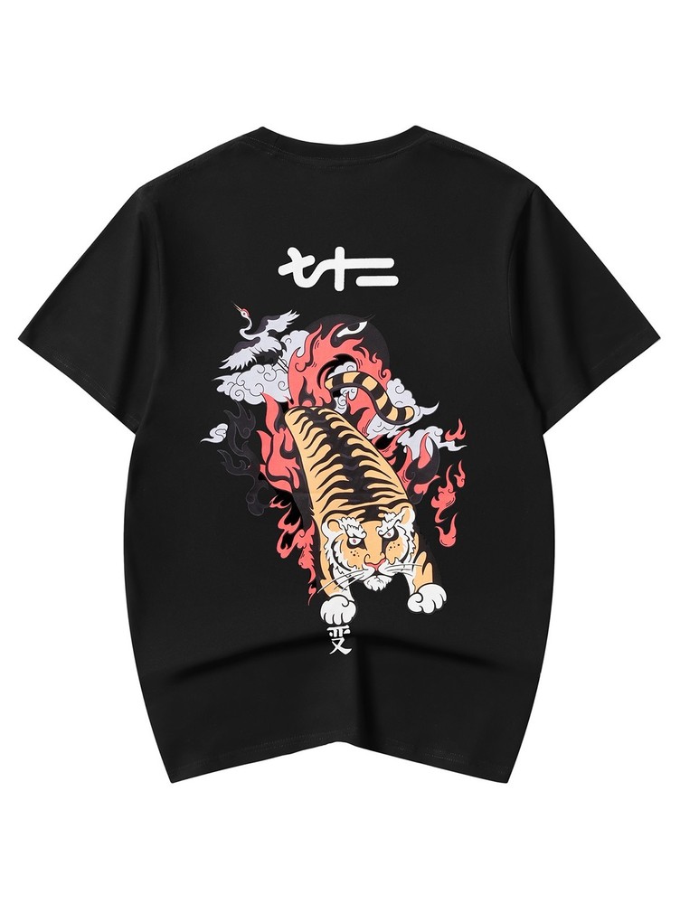 Niepce Men’s Pouncing Fiery Tiger Graphic Tee Japanese Streetwear T-Shirt