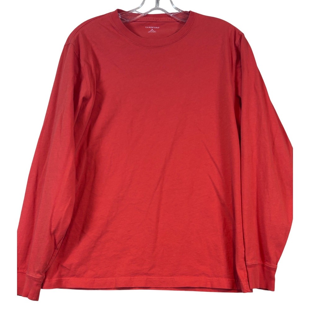 Lands End Mens Medium Orange/Red Long Sleeve Cotton Crewneck T-Shirt Ribbed Cuff