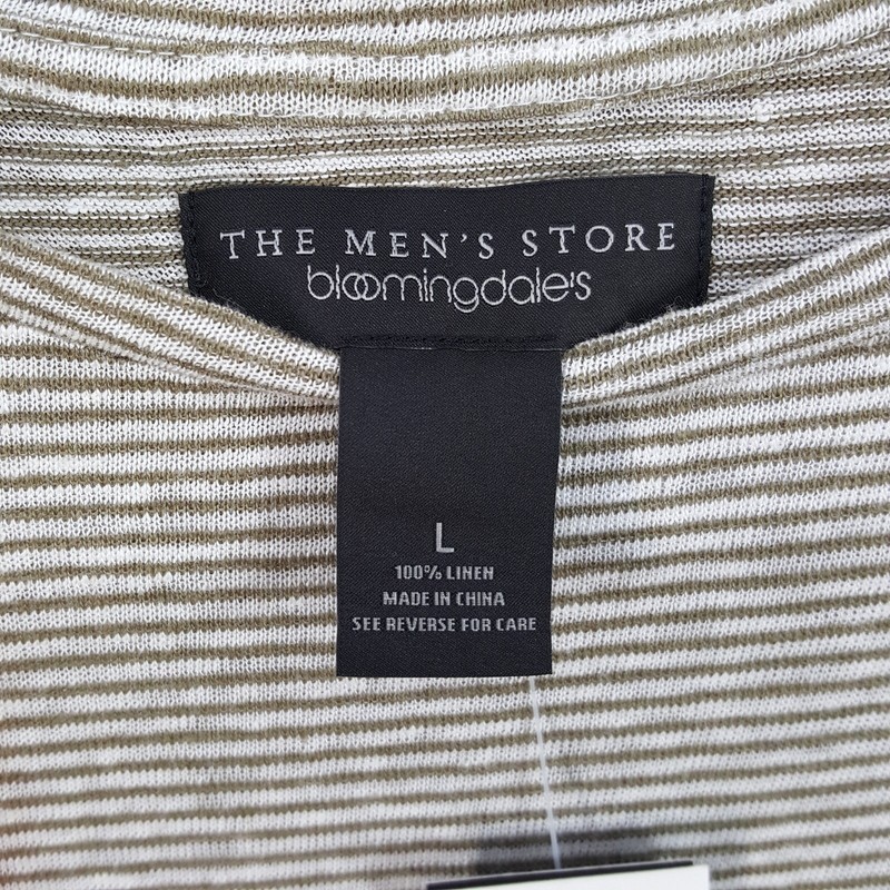BLOOMINGDALES Shirt Mens Large Green White Stripe Pullover Crew 100% Linen gallery
