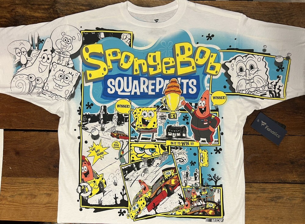 SpongeBob Squarepants AOP NASCAR Shirt Comic Strip Tee Adult LG Y2K HTF Sealed!!