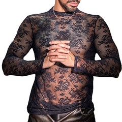 New Men’s Long Sleeved Elastic Tight Top Mesh Breathable Sexy Lace Top T-shirt