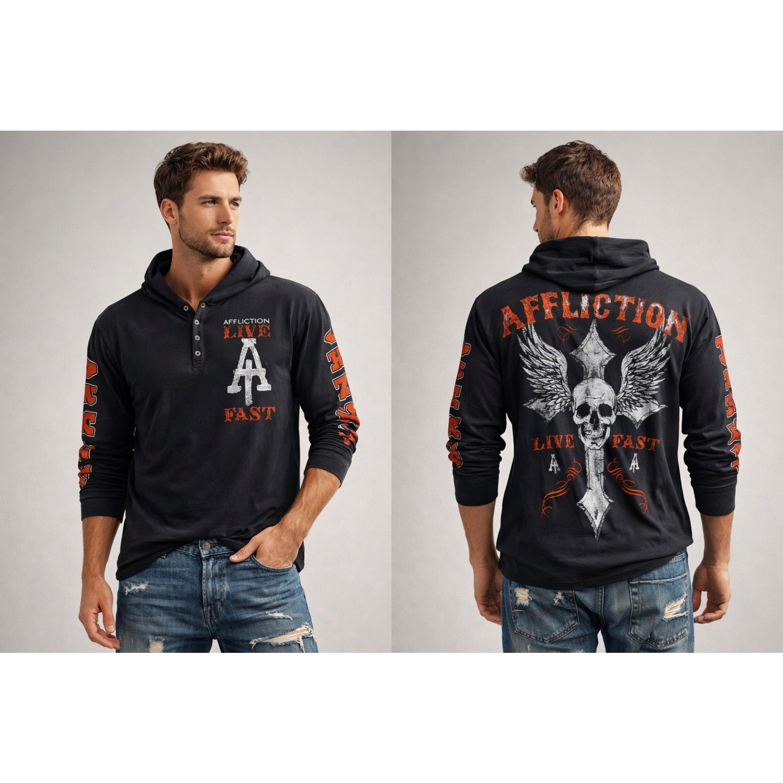 Affliction Live Fast Hooded Henley Shirt XL Skull Cross Wings Biker Goth Y2K gallery